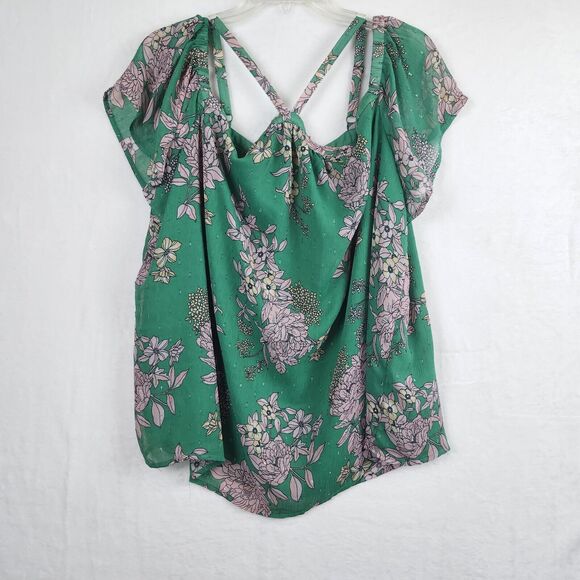 Torrid Cold Shoulder Halter Top Crinkle Chiffon Floral Green Sz 1X Lined Shimmer - Picture 1 of 11